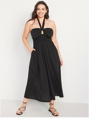 Old Navy Fit & Flare Smocked Twist-Front Halter Maxi Dress - Black - Size M